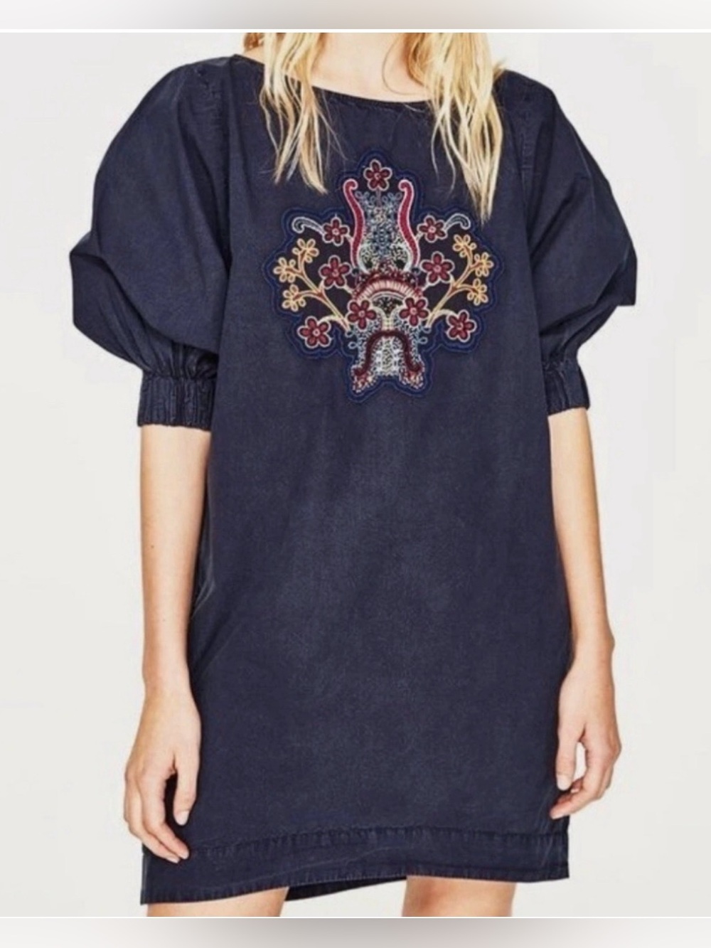 🔵ZARA BoHo Blue Denim Dress With Vibrant Embroidery